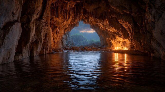 Mystical cave entrance reveals a serene underground lake reflecting warm firelight and a lush green landscape at dusk - Powered by Adobe