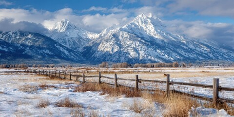 Teton Idaho Winter Panorama: Mount Owen, Grand, Middle, South Peaks from Field with Buck and Rail Fence