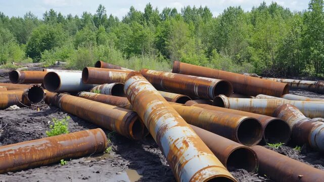 Piles of Rusted Metal Pipes Scattered Outdoors in an Overgrown Industrial Storage Yard
