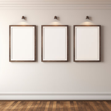 Modern gallery interior with three empty wooden frames on wall under soft spotlights, minimalist exhibition mockup design for artwork, photography, posters, and elegant home decor presentation
