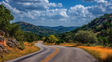 Fototapeta premium Texas Hill Country Road. Scenic Drive through Blue Hills and Country Trails