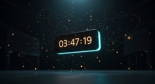 A glowing digital clock displays 034719 amid sparkling particles in a dimly lit minimalist space
