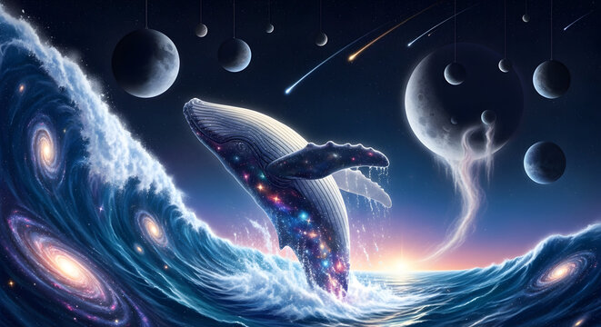 A cosmic whale breaching from a galaxy ocean under a sky filled with planets and shooting stars