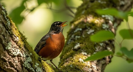 American Robin Perched on Mossy Branch in Forest.