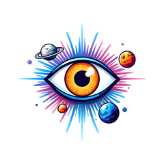 Vector illustration of cosmic eye with rays and small planets orbiting around, mystical minimalism
