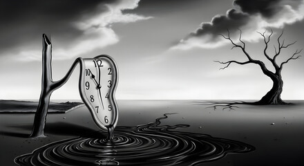 A surreal grayscale landscape featuring a melting clock, a barren tree, and cloudy skies above the horizon