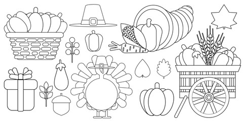 Black line art collection of Thanksgiving icons including turkey, pilgrim hat, cornucopia, wagon, pumpkins, and autumn leaves. Ideal for banners and invitations.