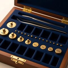 Precision Weights Set in Wooden Box for Scientific Measurements.