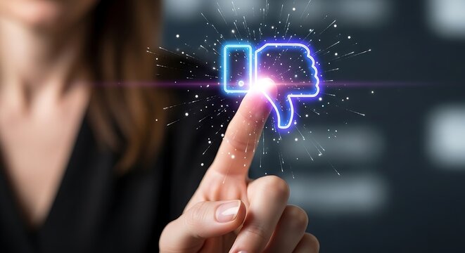 Digital Dislike - A Finger Taps a Glowing Thumbs Down Icon.