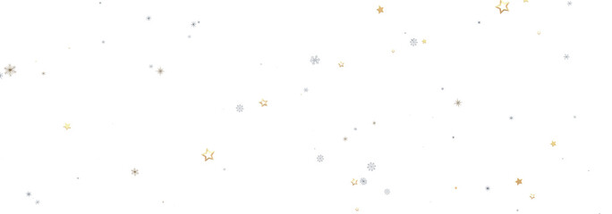 Festive background with scattered gold stars, silver snowflakes on white. Perfect for holidays.