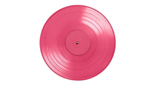 A pink vinyl record on a  showing grooves and center isolated on transparent background
