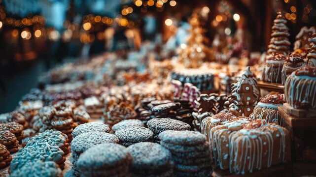 Cclose-up of christmas cookies and sweets at market stall with festive decorations around, cozy holiday atmosphere and joyful winter celebration