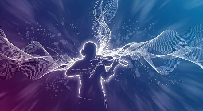 Silhouette of a violinist playing with glowing waves on a gradient blue and purple background art - Powered by Adobe