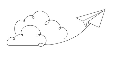 The paper airplane is flying. Clouds. Business concept. Vector illustration .