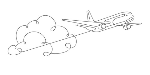 An airplane flying in the clouds. Around the world trip .Continuous line drawing. Vector illustration .