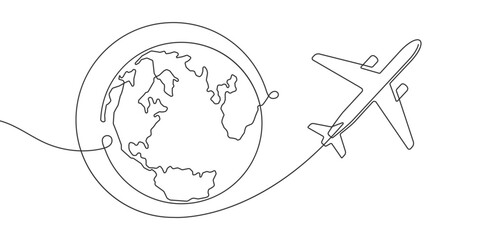 Around the world trip . Flying airplane. Planet Earth. Continuous line drawing. Vector illustration .