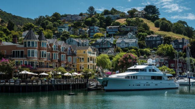 Tiburon, California Waterfront: Yacht Harbor and Upscale Eateries with Views of San Francisco Bay