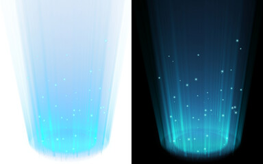 Blue light shoots upward, a bright neon glow with tiny twinkling stars &mdash; a magical fantasy game warp light effect