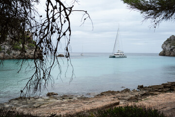 Velero fondeado en cala mediterránea de aguas turquesa enmarcado por ramas de pino, Menorca © Miguel