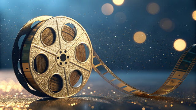 Golden film reel with glittery texture represents cinema celebration glamour cinematic entertainment film production nostalgia.