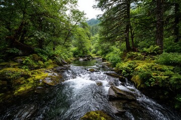 Tongass Forest Stream: Serene Waterfall in Alaskan Summer Landscape