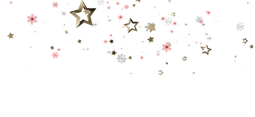 Abstract background with floating golden stars, red and white snowflakes, and sparkles. Perfect for Christmas, holiday, winter, and celebration