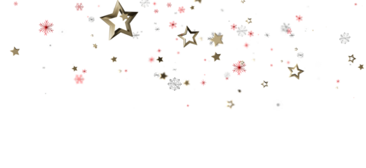 Abstract background with floating golden stars, red and white snowflakes, and sparkles. Perfect for Christmas, holiday, winter, and celebration