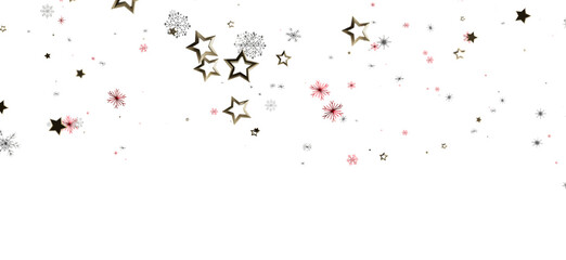 Obraz premium Abstract background featuring decorative star and snowflake elements in gold, red, and silver on a clean white backdrop. Perfect for seasonal de