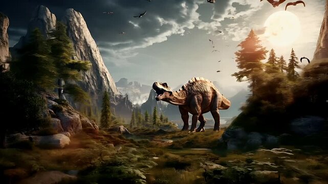 A vivid, highresolution digital artwork of a prehistoric landscape featuring a large, menacing dinosaur with its mouth open, set against a backdrop of towering mountains and a cloudy sky.