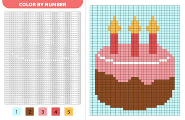 Birthday cake. Color by number. Pixel coloring book. Numbered squares. Game for kids. Pixel art. Isolated vector illustration eps 10
