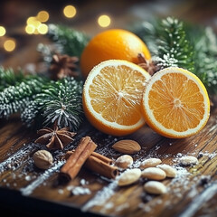 Rustic Christmas: wooden table, nuts, citrus fruits, fir branches, spices.