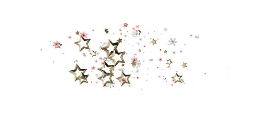 Abstract image with golden stars and snowflakes. Festive overlay for celebrations, Christmas, New Year. Modern design element on white with copy