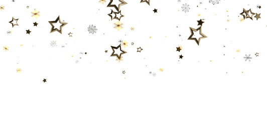 Abstract image of gold stars and snowflakes on white background, creating a festive and elegant look perfect for holiday designs and celebration