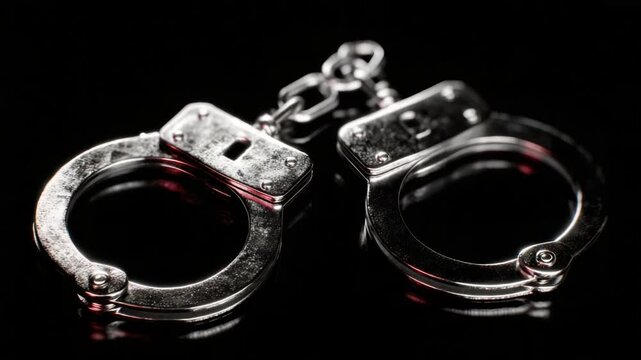 Close-up of a pair of metal handcuffs against a black background (2)