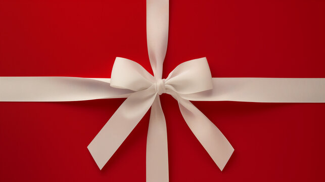 A simple and elegant minimalist design featuring a neatly tied white ribbon bow on a vibrant red background, perfect for festive or gift-themed visuals.