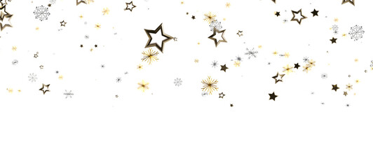 Abstract festive illustration of golden stars and snowflakes falling on a white background. Ideal for Christmas and New Year designs, celebratio