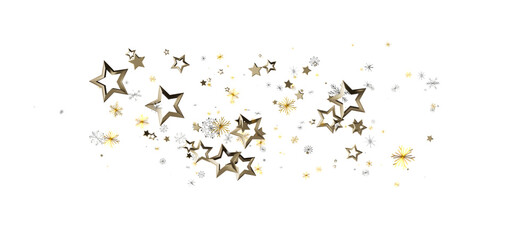Festive gold star and snowflake confetti on a white background, perfect for holiday or celebration designs. Sparkle and joy are the perfect desc