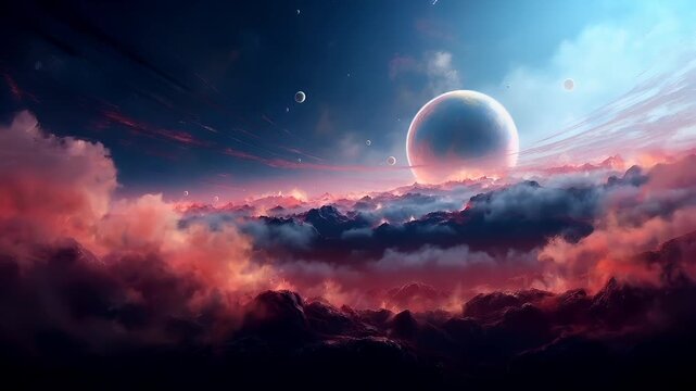 Digital art scifi wallpaper background. A vivid digital artwork depicting a celestial scene with a large planet in the foreground and smaller celestial bodies in the background.