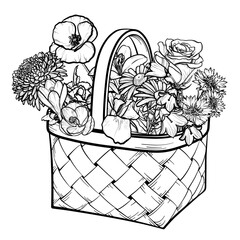 Basket of flowers. Flowers in a wicker basket, vector illustration.