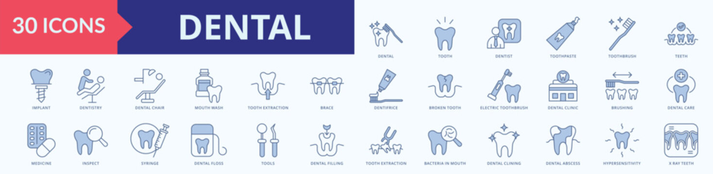 Dental icon set illustration vector blue style