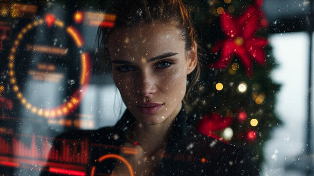 Business Woman Analyzing Data at Christmas - Tech Innovation & Holiday Strategy