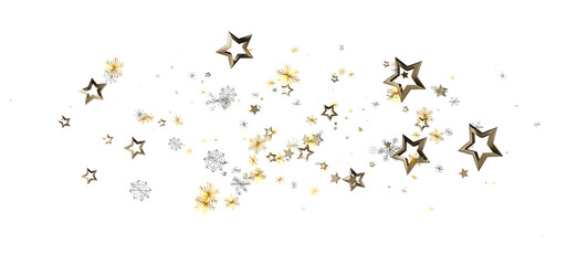 Abstract festive design featuring floating golden and silver stars against a clean white background. Perfect for holiday celebrations and season