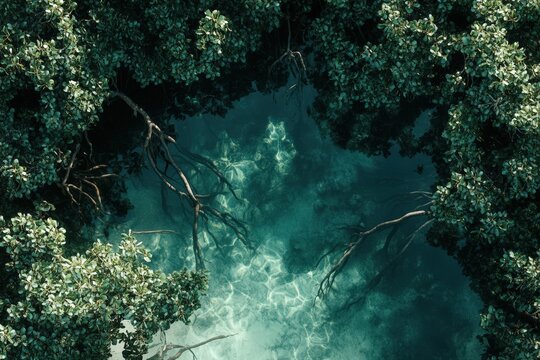 Verdant forest canopy over a tranquil shallow pool. - Powered by Adobe