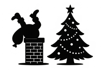 Santa claus stuck in chimney with gift bag, next to decorated christmas tree, funny holiday celebration concept silhouette