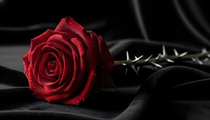 Red rose with thorns on black silk background