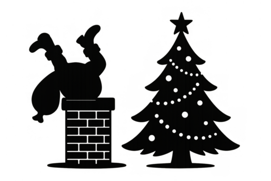 Santa claus stuck in chimney with gift bag, next to decorated christmas tree, funny holiday celebration concept silhouette