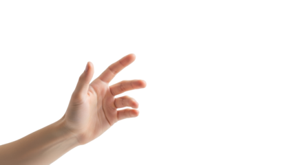 Bare, clean young adult caucasian hand, gender-neutral, gently curled, poised mid-air, gesturing on pristine high-key white background, soft studio light, concept of future technology interaction and