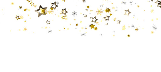 A beautiful image of glittering golden stars and snowflakes cascading down on a white backdrop, perfect for celebrations and holidays. Ideal for