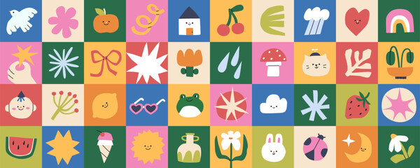Abstract square icons pattern design. Cute kawaii elements in colorful geometric grid, summer composition with cat, flower, fruit, rainbow and heart in modern style. Colored flat vector illustration.