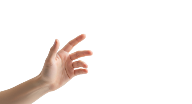 Bare, clean young adult caucasian hand, gender-neutral, gently curled, poised mid-air, gesturing on pristine high-key white background, soft studio light, concept of future technology interaction and